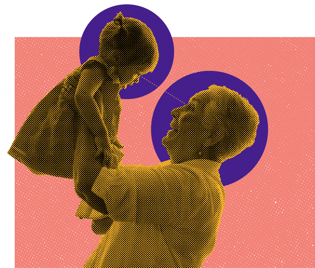 A grandmother holding up her small granddaughter, looking at each other and smiling