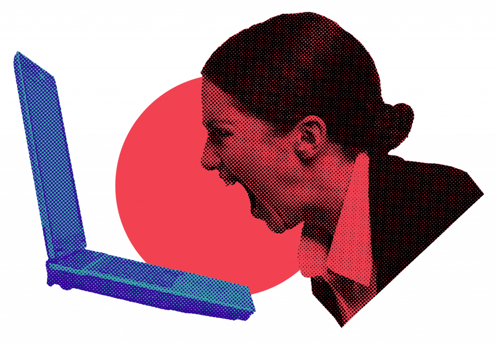 An angry woman screaming at her computer