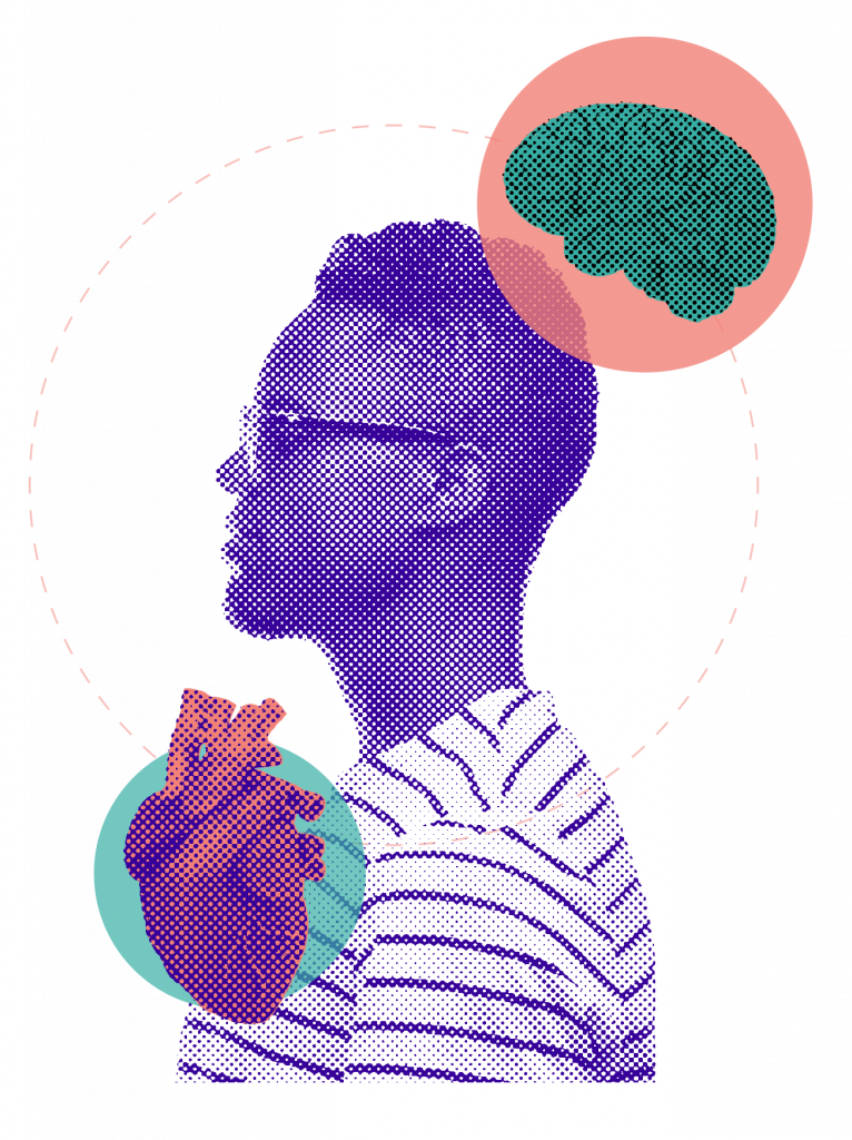 A man in profile, near his head, the image of a brain, near his chest, the image of a heart