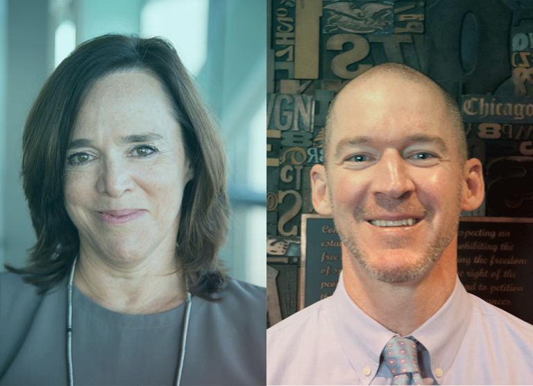 Headshots of Louise Dubé and Shawn Healy